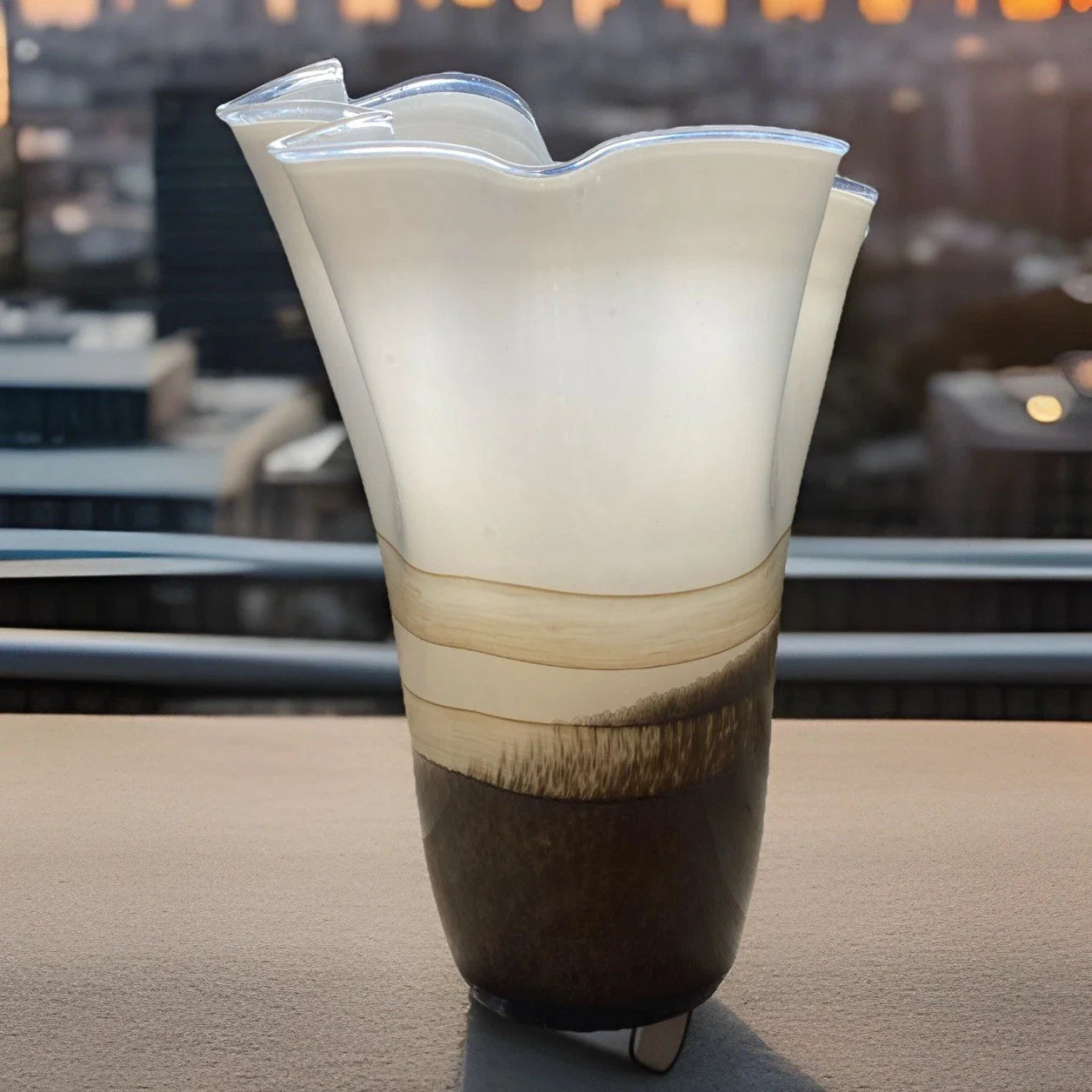 Jozefina Krosno 14” Handkerchief Vase Art Glass Vintage Brown Tan White
