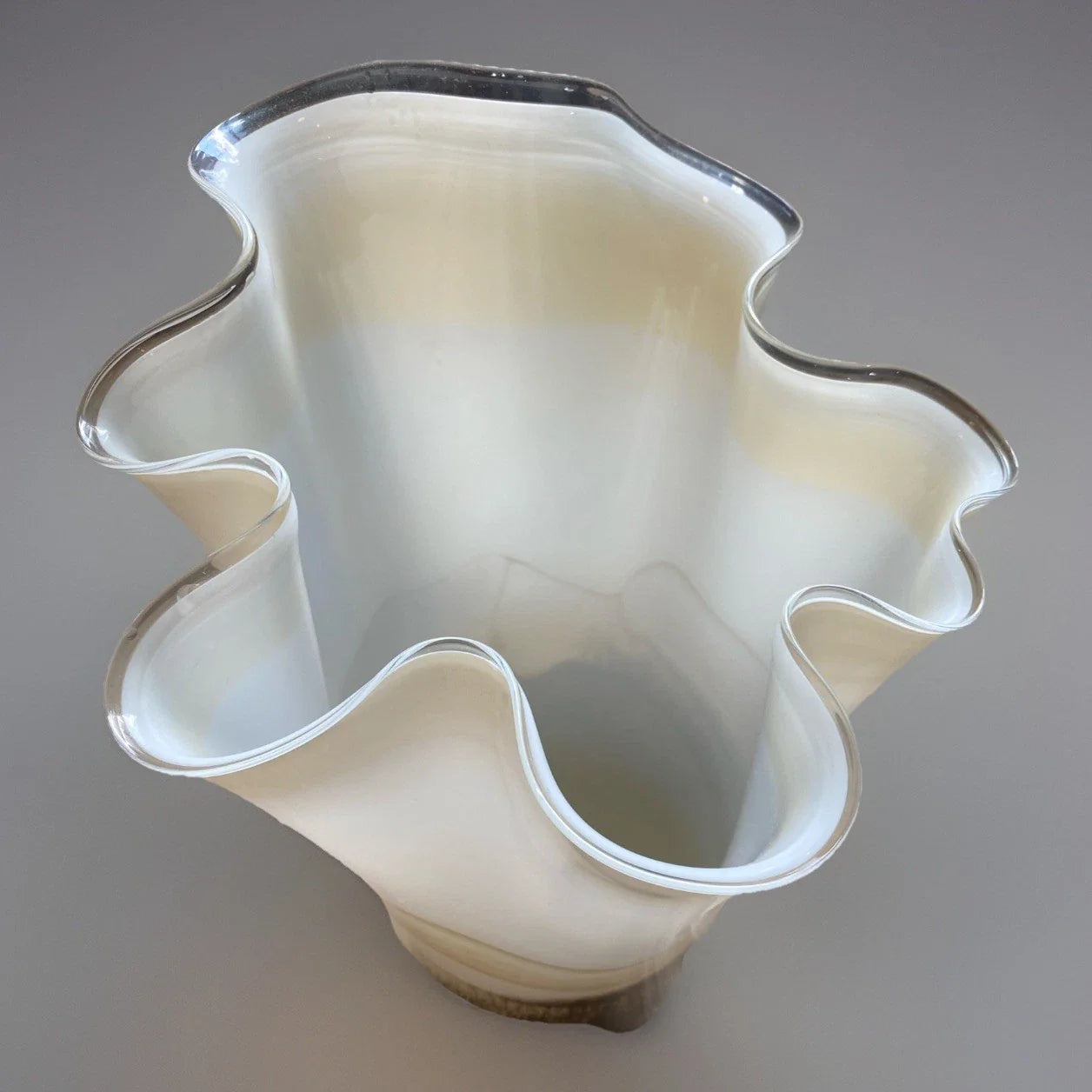 Jozefina Krosno 14” Handkerchief Vase Art Glass Vintage Brown Tan White