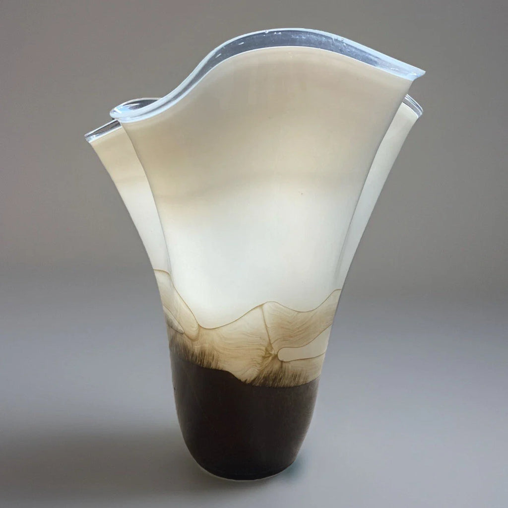 Jozefina Krosno 14” Handkerchief Vase Art Glass Vintage Brown Tan White