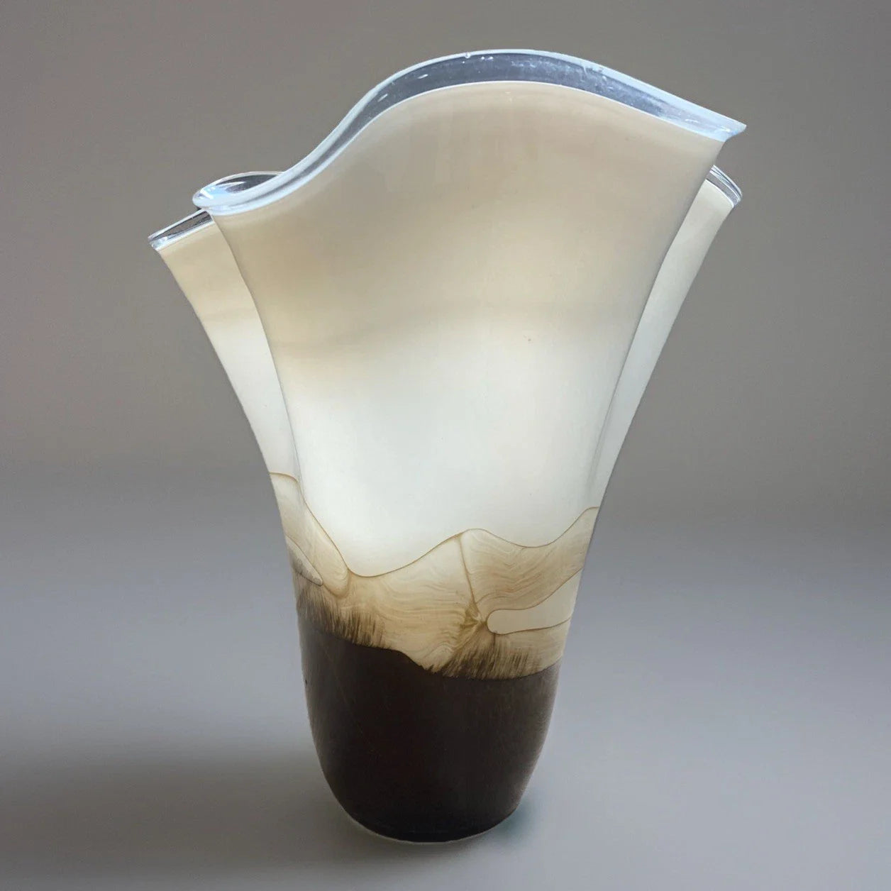 Jozefina Krosno 14” Handkerchief Vase Art Glass Vintage Brown Tan White