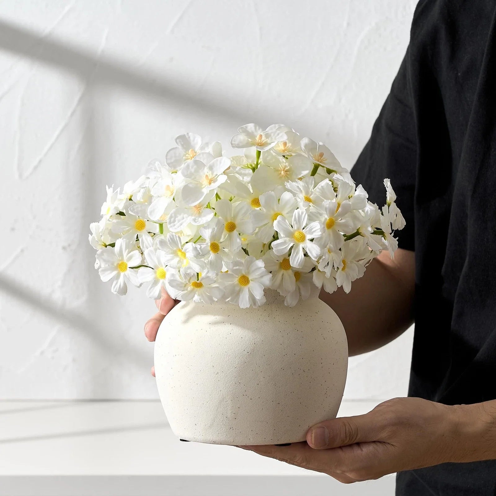 Ceramic Flower Vase with Wide Mouth Lace, 4.8 Inch Pottery Rustic Farmhouse B...