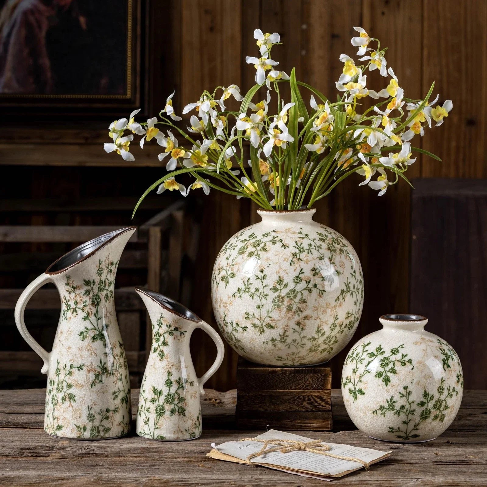 Green and Beige Pastoral Vase, Vintage Round Ceramic Floral Vases, Decorative...